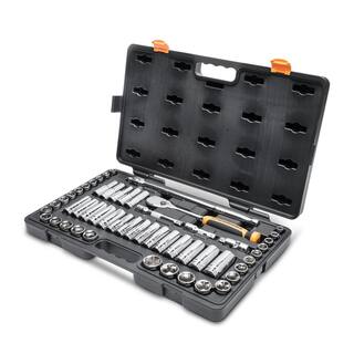 GEARWRENCH 14 in. 38 in. and 12 in. Drive 90-Tooth Standard and Deep SAEMM Ratchet and Socket Set (163-Piece) 8586789CB