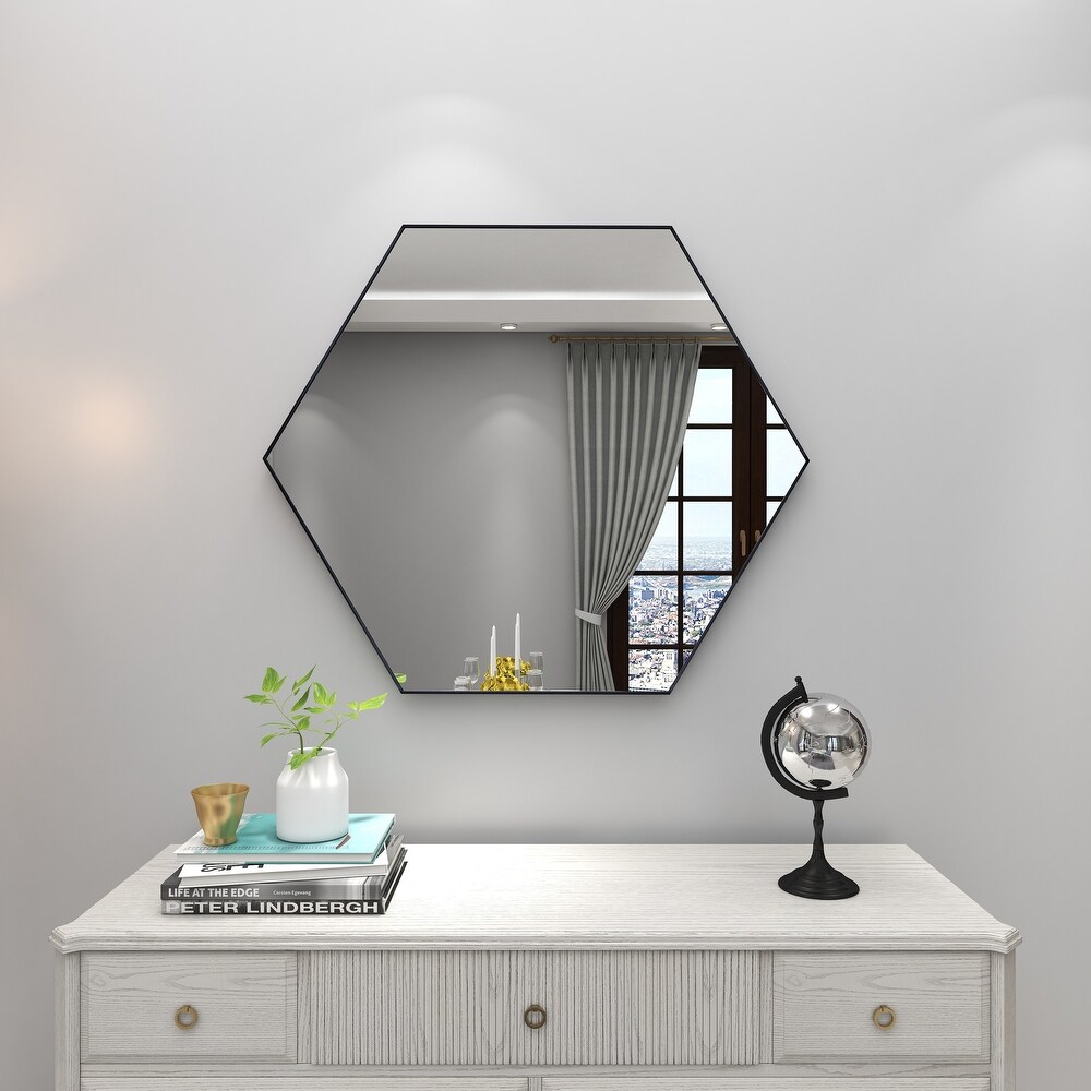 Contemporary Hexagon Wood Wall Mirror   Multiple Finishes and Sizes