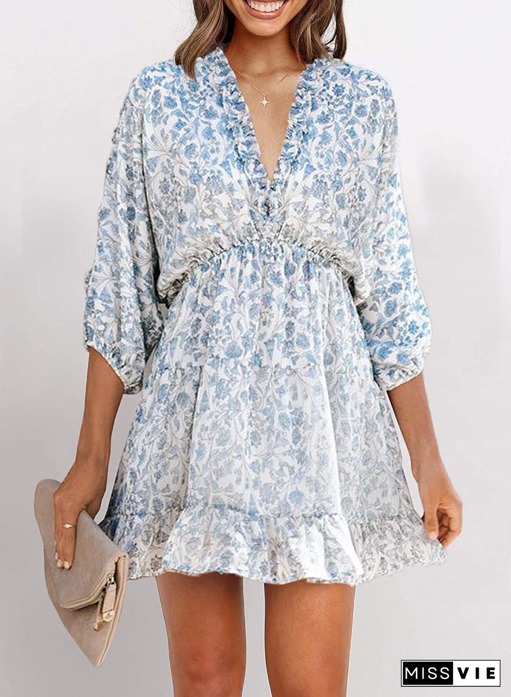 Ditsy Floral Prints Ruffle Edge Tiered Long Sleeve Boho Dress