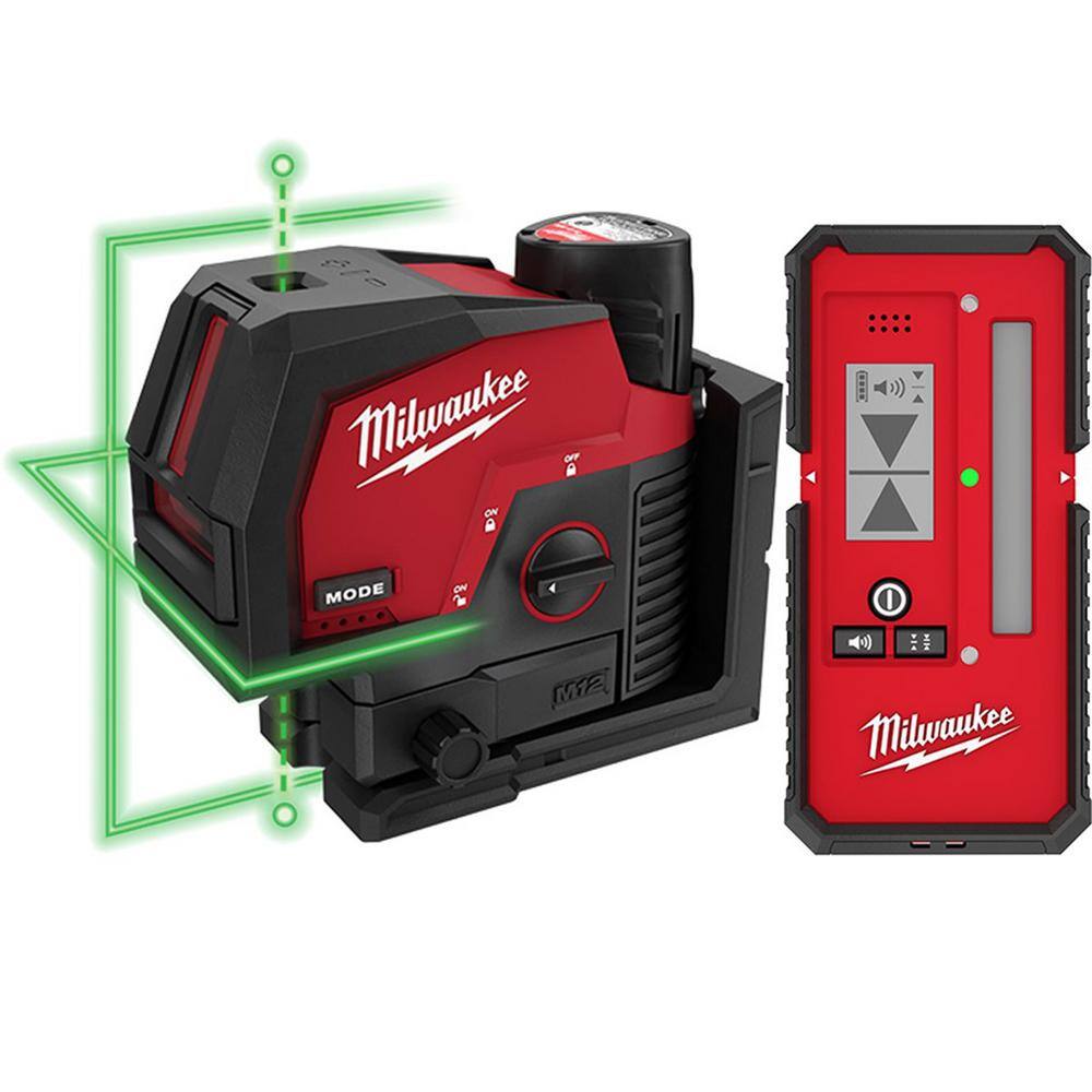 MW M12 12-Volt Lithium-Ion Cordless Green 125 ft. Cross Line and Plumb Points Laser Level Kit with Laser Detector 3622-21-48-35-1211