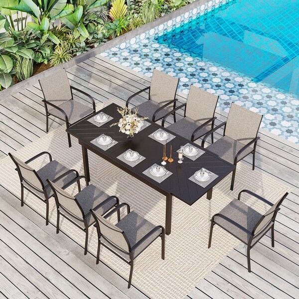 MAISON ARTS 9Piece Patio Dining Set with Expandable Rectangular Metal Table and 8 Textilene Dining Chairs