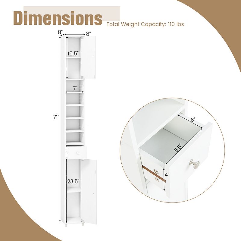 Freestanding Slim Bathroom Cabinet with Drawer and Adjustable Shelves-White