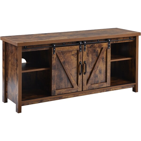 52''W Retro Rustic Wooden TV Stand Console with 2 Front Sliding Door TV Cabinet Entertainment Center