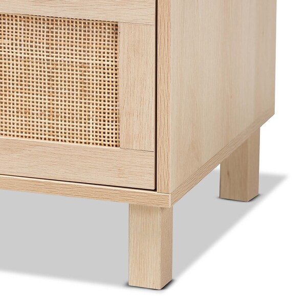 Sebille Mid-Century Modern Light Brown Finished Wood 3-Drawer Storage Cabinet with Natural Rattan - - 35527688