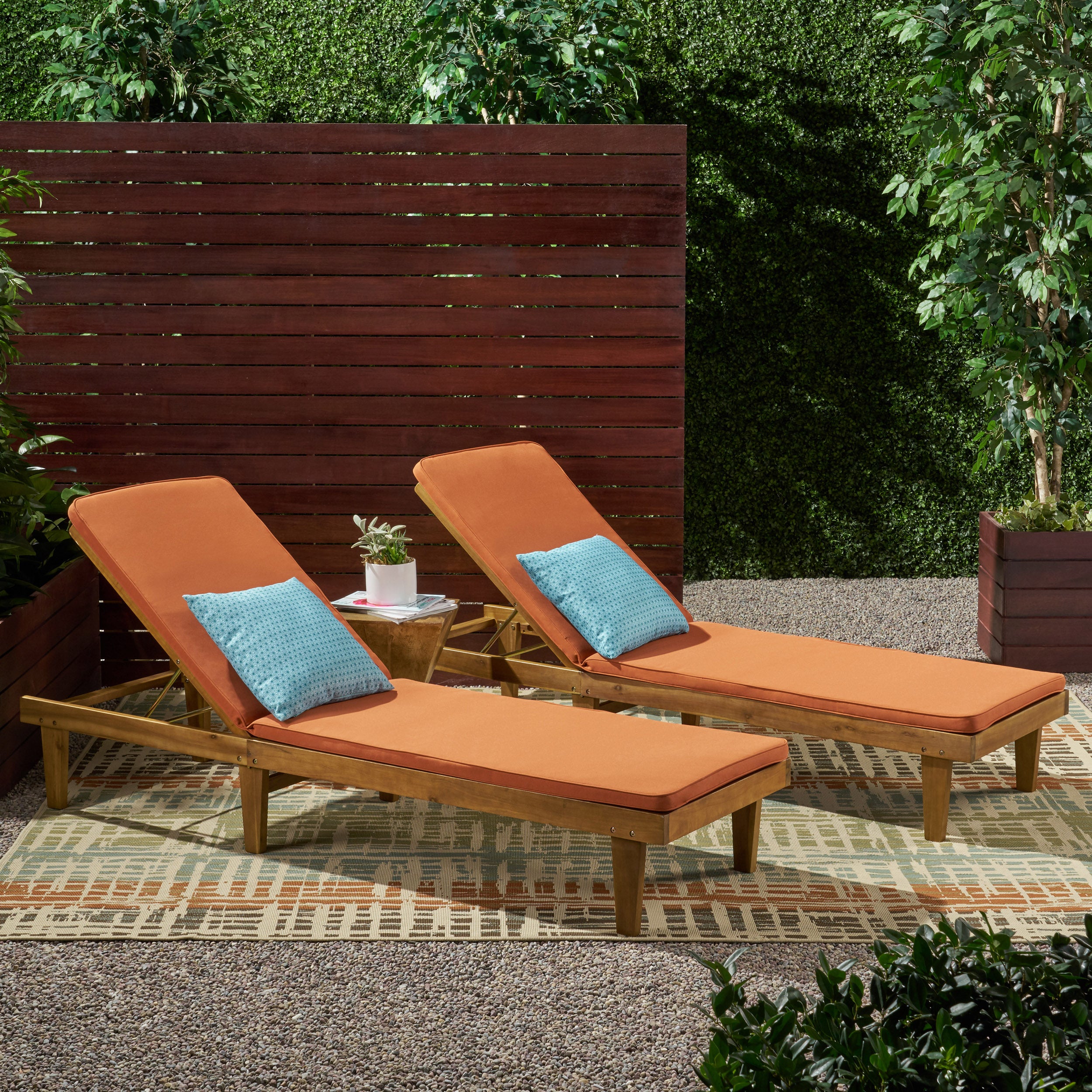 Nadine Outdoor Modern Acacia Wood Chaise Lounge with Cushion (Set of 2)