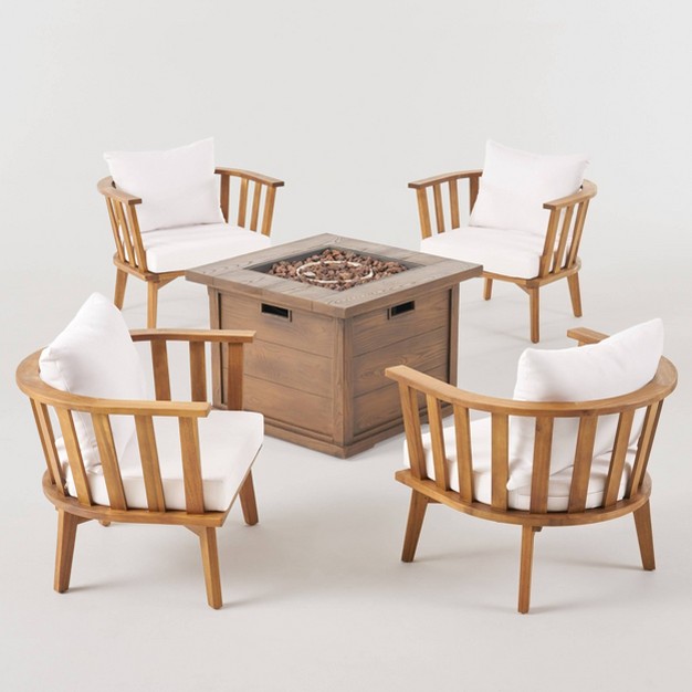 Walson 5pc Acacia Wood Club Chairs And Fire Pit Set Teak And Brown Christopher Knight Home