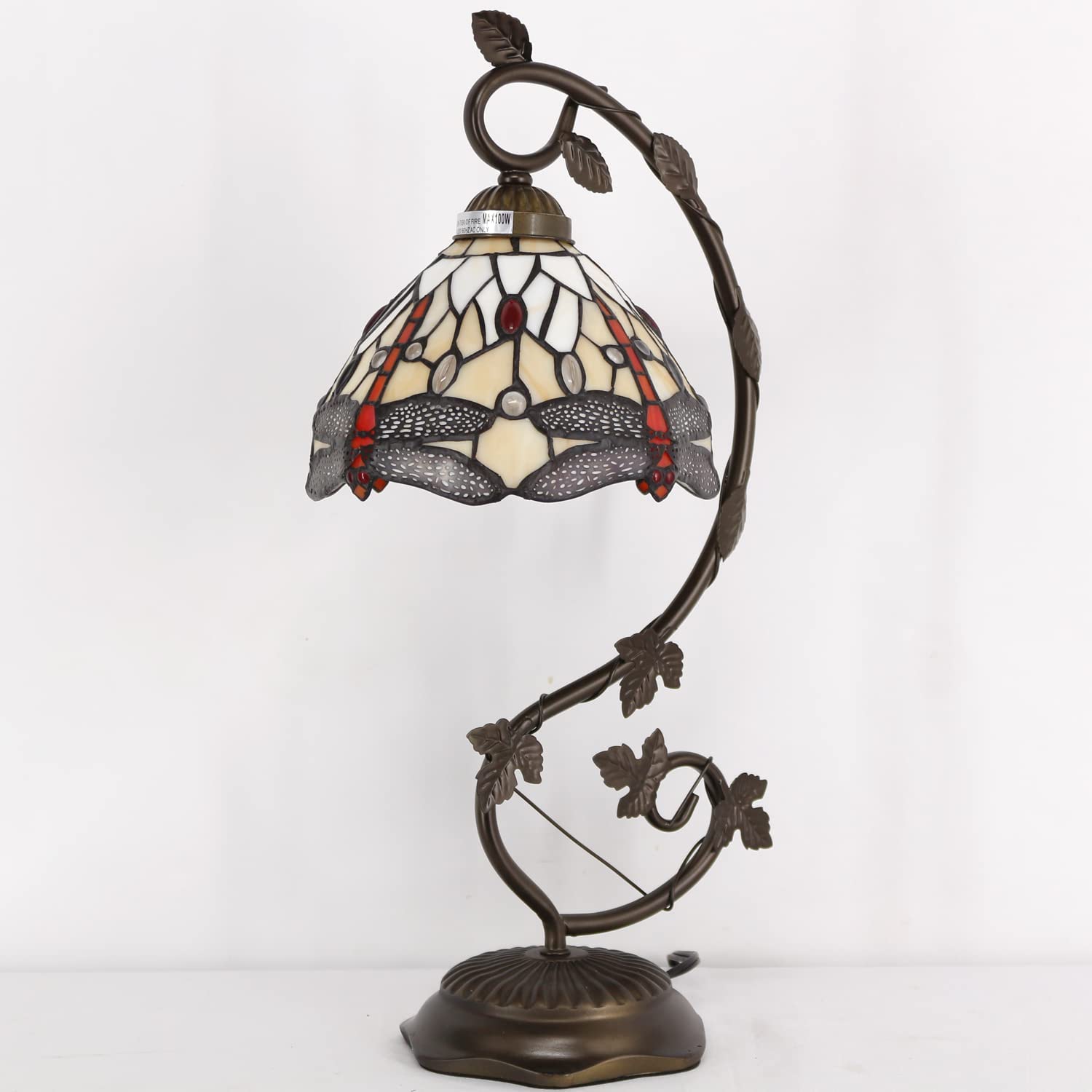 SHADY Tiffany Style Lamp Amber Stained Glass Dragonfly Table Lamp  Metal Leaf Base 8X10X21 Inches Desk Light Decor Small Space Bedroom Home Office S557 Series