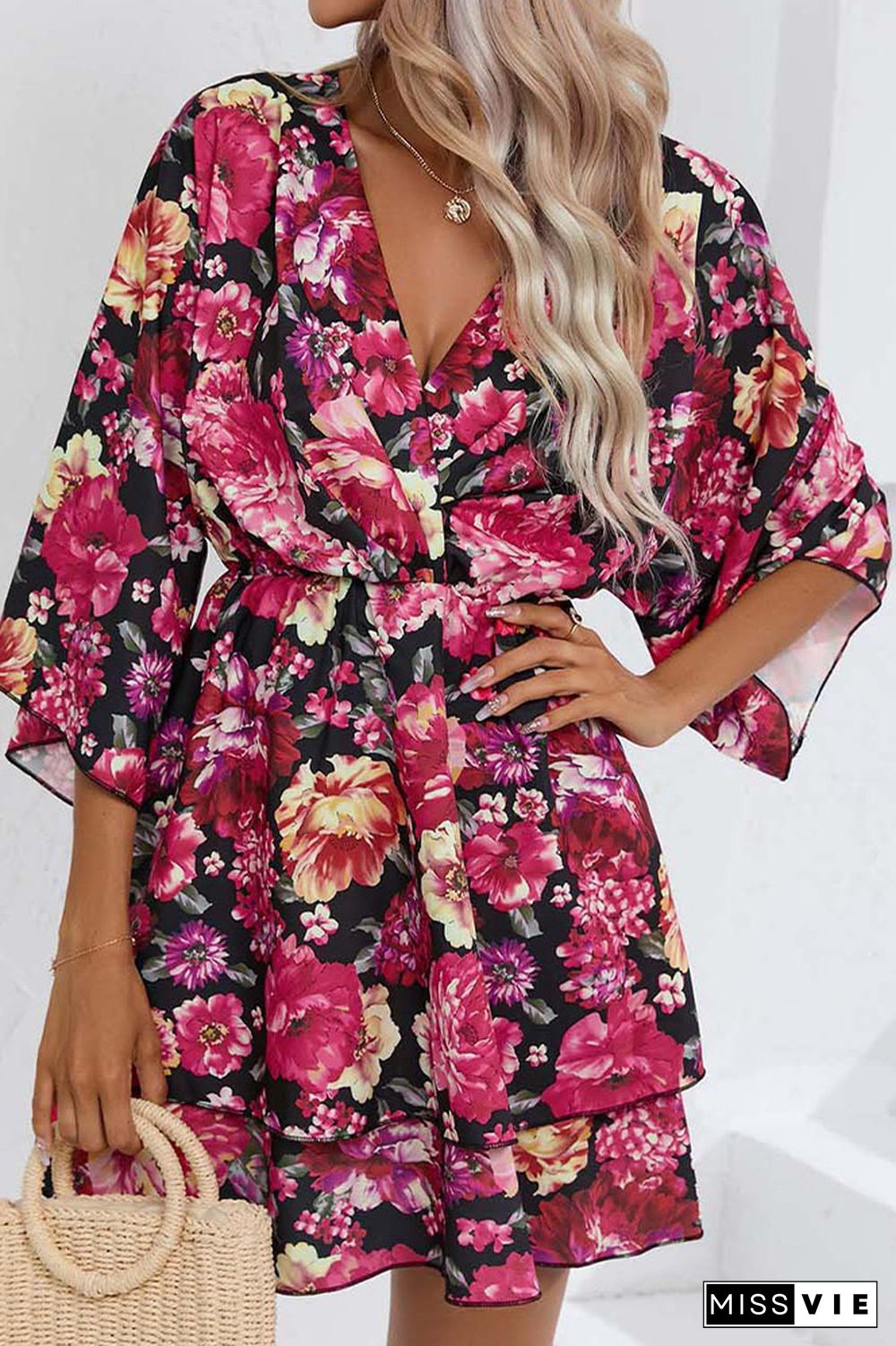 V Neck Drawstring Floral Dress