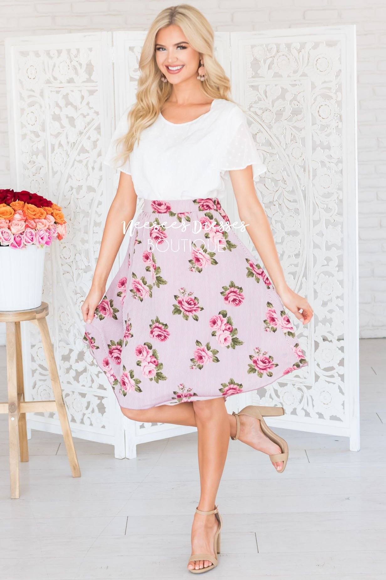 Pretty Pink Striped Floral Skirt