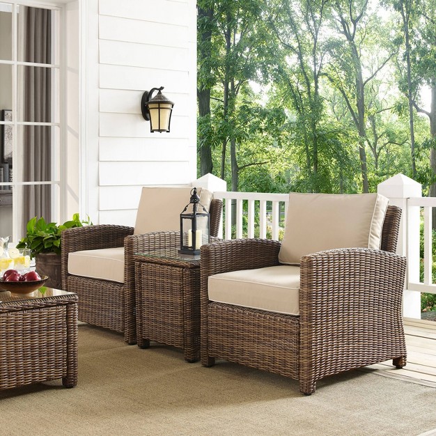 Bradenton 3pc Outdoor Wicker Seating Set With Two Chairs amp Side Table Sand Crosley