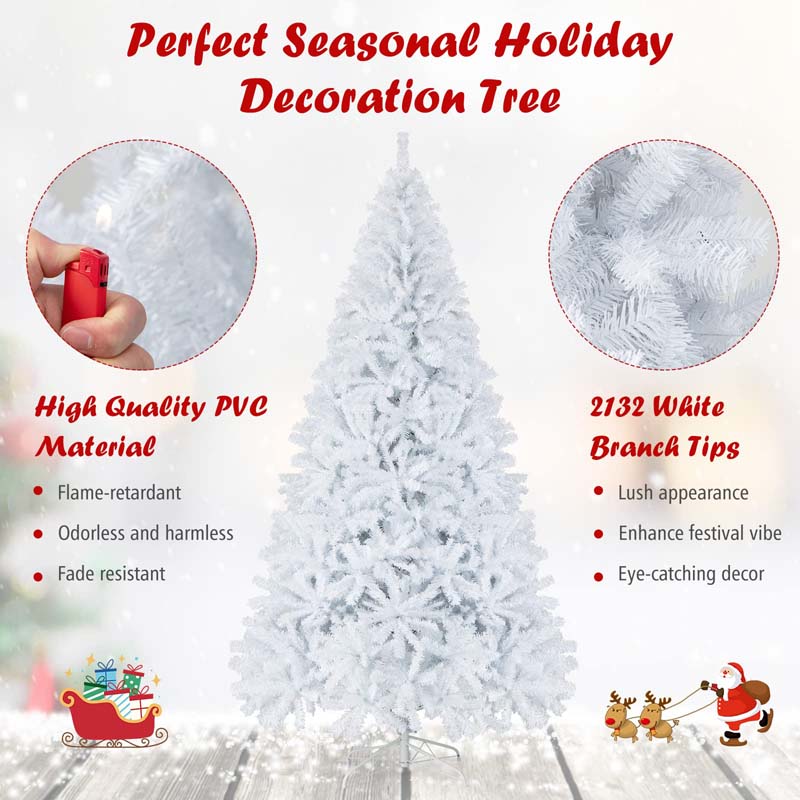 6/7.5/9FT White Hinged Artificial Christmas Tree, Premium Unlit Spruce Full Tree with Metal Stand