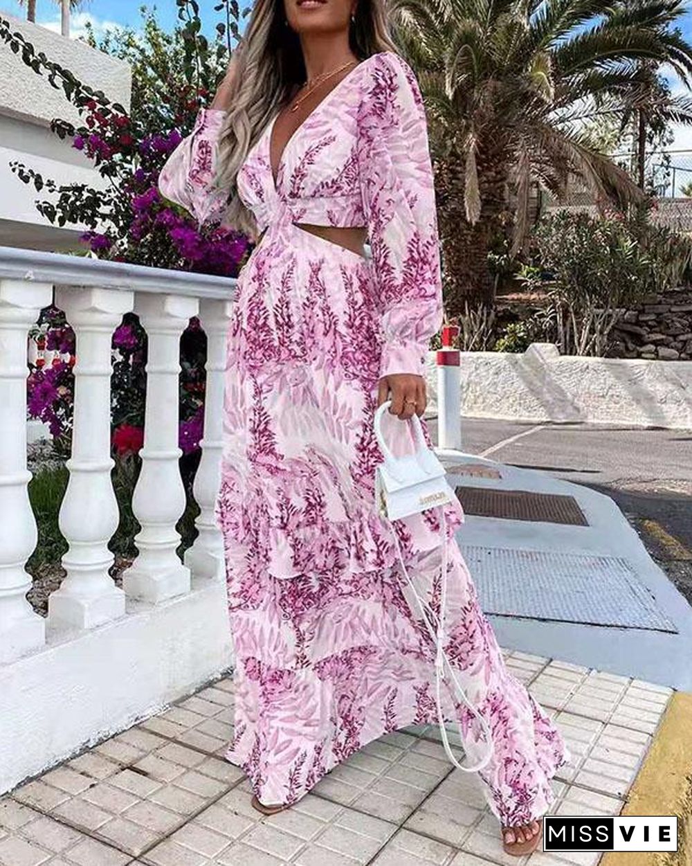 Long Sleeve Print V-Neck Floor-Length Expansion Women's Dress