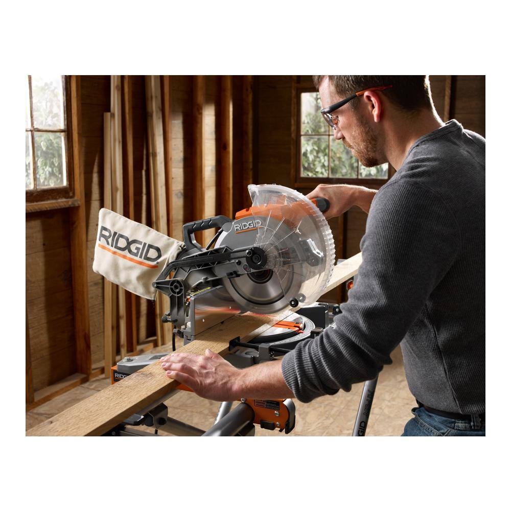 RIDGID 15 Amp 10 in. Corded Dual Miter Saw with LED Cut Line Indicator and Professional Compact Miter Saw Stand R4113-AC9960