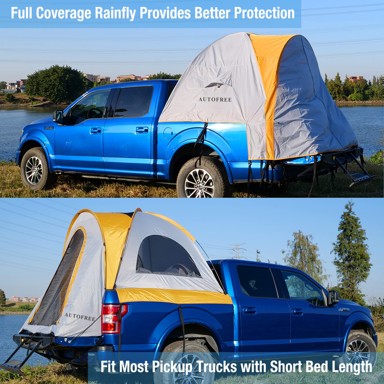 AUTOFREE Truck Bed Tent fit for Ford Chevy Dodge GMC Toyota Tundra， 5.5-5.8 ft Waterproof Camping Truck Bed Tent Double Layer for 2 Person Orange and Gray