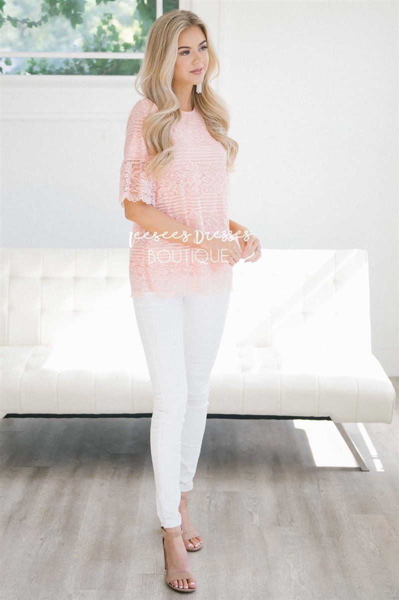 Lace Scalloped Bell Sleeve Top