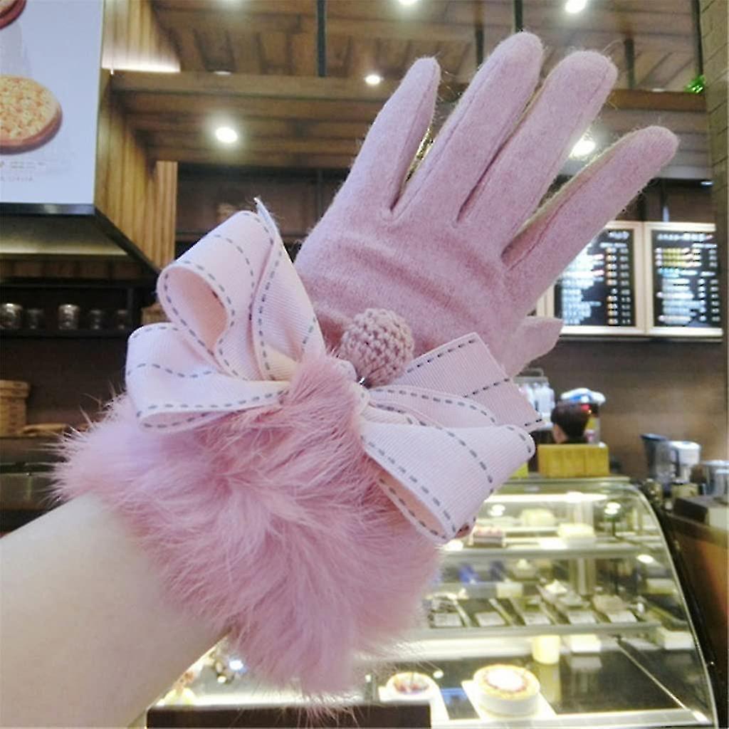 Women Winter Cashmere Rabbit Wrist Thicken Keep Warm Touch Screen Windproof Bow Decoration Elegant Soft Gloves2pcspink