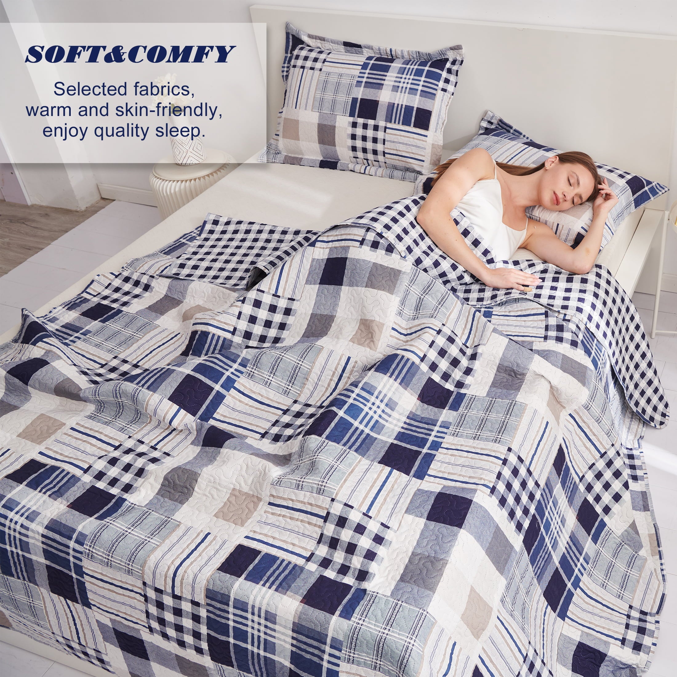 Jessy Home Queen/Full Size Plaid Bedspread Coverlet Buffalo Plaid Patchwork Quilt Navy Blue Bedding