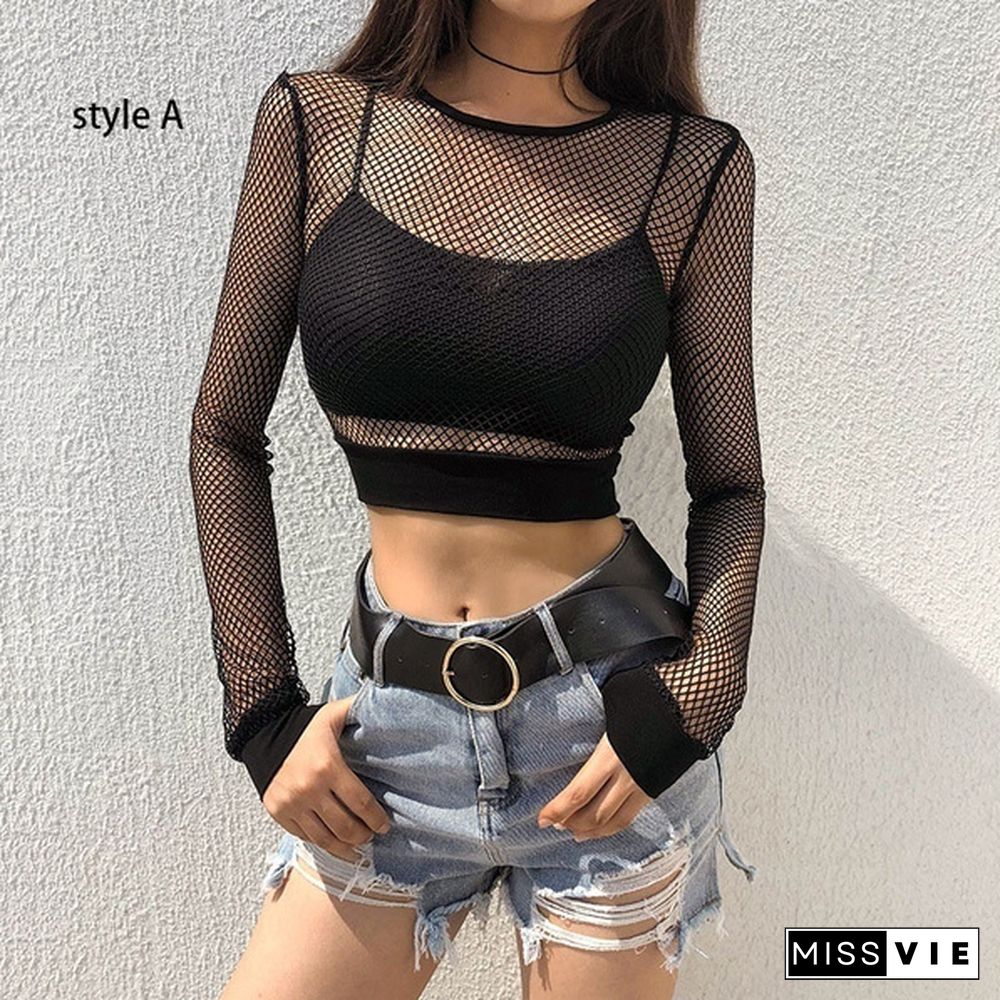 Women's Summer Fashion Black Fishnet Tops Sexy Hollow Long Sleeve Mesh Tops T-shirt Sheer Tops