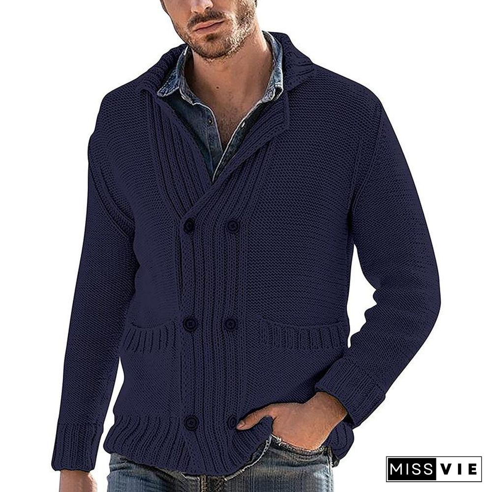 Cardigan Men's Fashion Solid Color Lapel Long Sleeve Knitted Coat