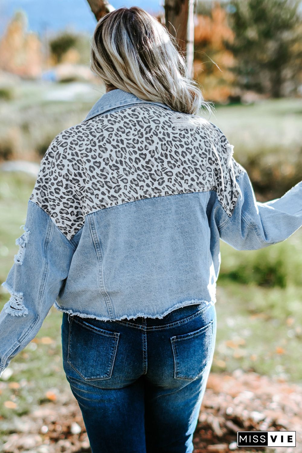 Sky Blue Plus Size Leopard Ripped Cropped Denim Jacket