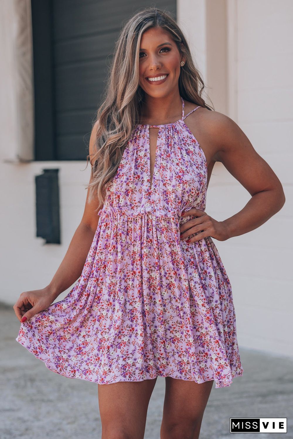 Purple Sleeveless Front Cut-out Backless Floral Dress