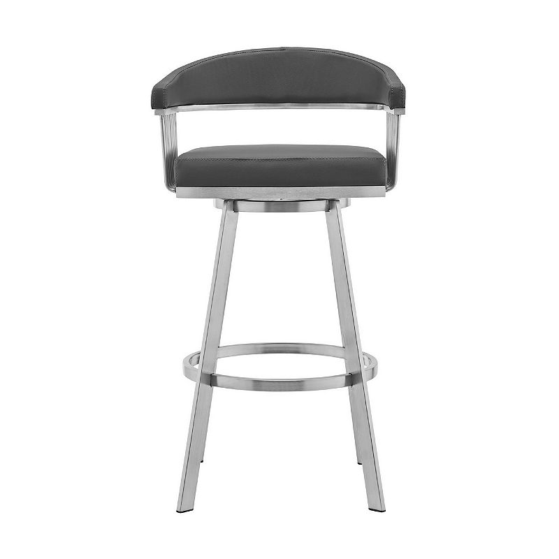 Swivel Barstool with Open Frame and Slatted Metal Arms， Gray and Silver