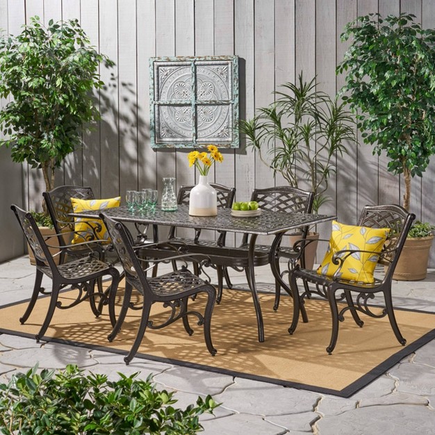 Hallandale Sarasota 7pc Cast Aluminum Dining Set Hammered Bronze Christopher Knight Home