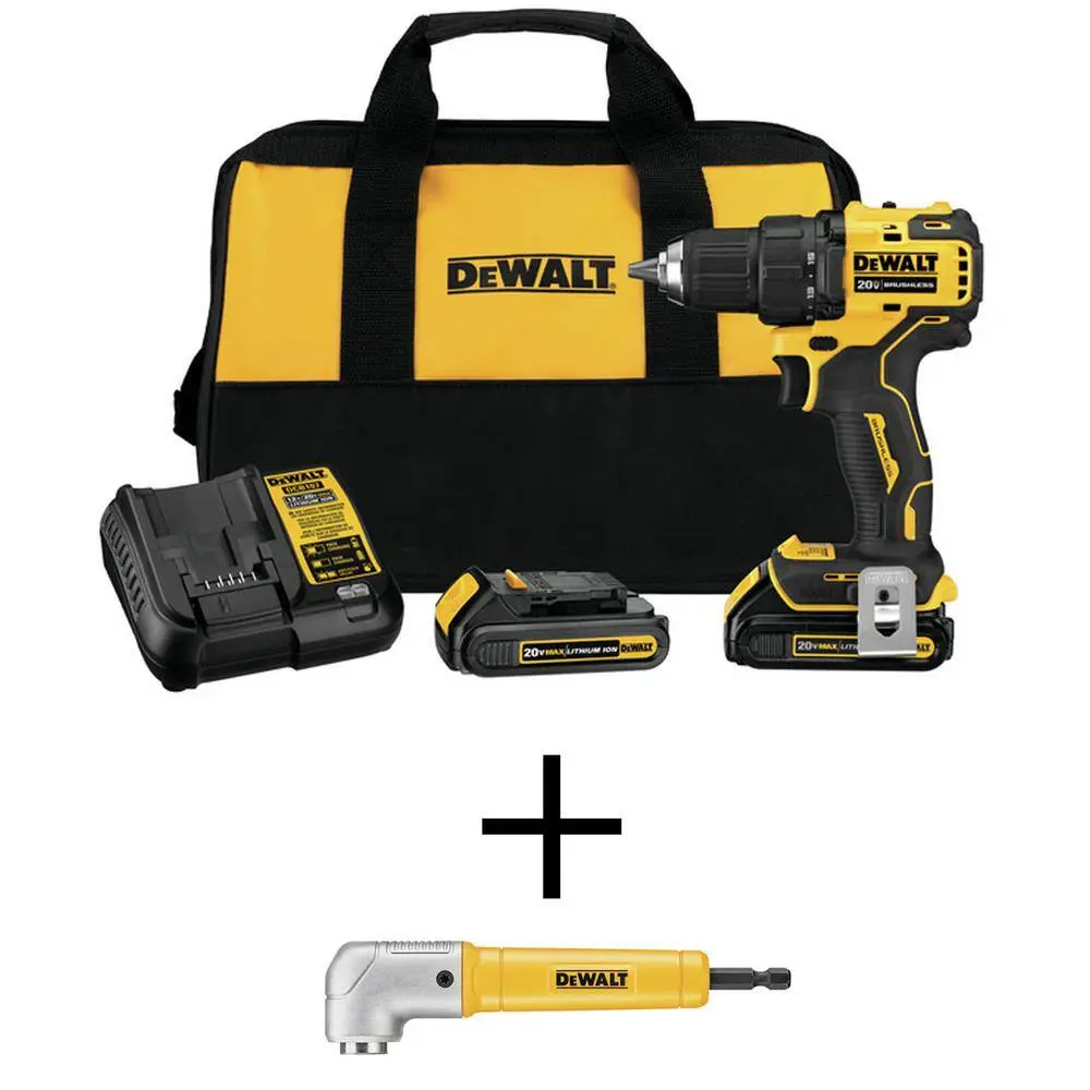 DEWALT ATOMIC 20V MAX Cordless Brushless Compact 12 in. DrillDriver Kit and MAXFIT Right Angle Magnetic Attachment DCD708C2WRA60