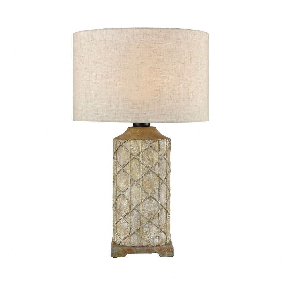 Brown-Grey-Antique White Outdoor Table Lamp Made Of Composite and Slate with A Natural Linen Fabric Shade with An on/Off Socket Switch Bailey Street