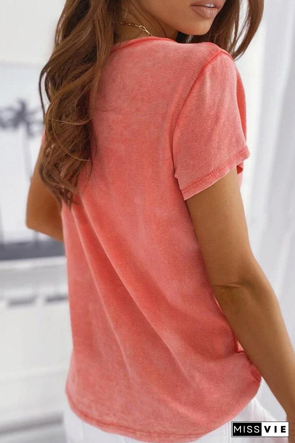 V Neck Button Pockets T Shirt