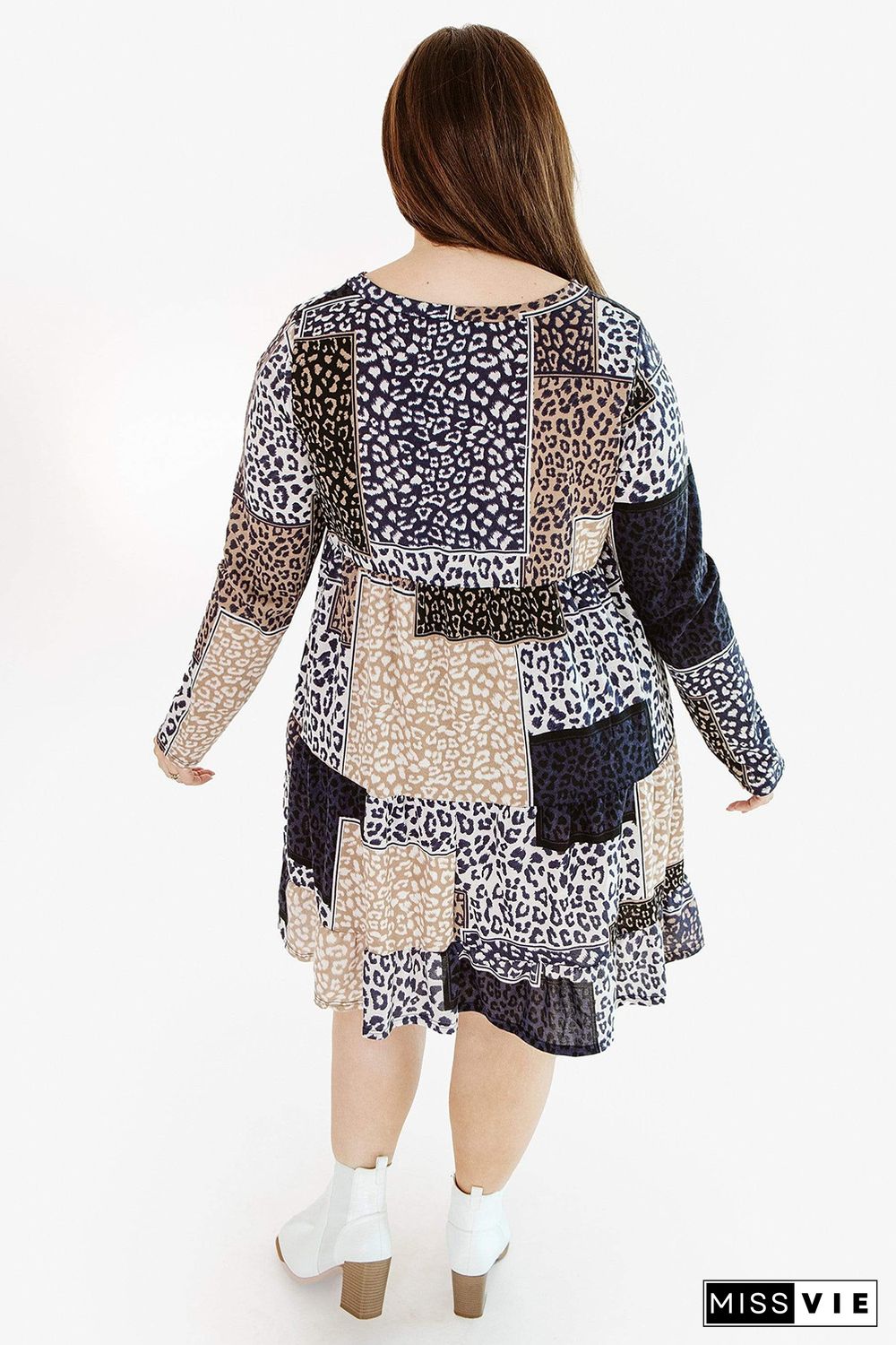 Plus Size Long Sleeve Mixed Leopard Dress