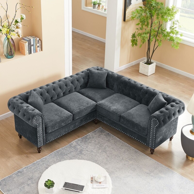 Luxury Button Tufted Sectional Sofa L shaped with Roll Arm and 3 Pillows Grey   Sectional Sofa