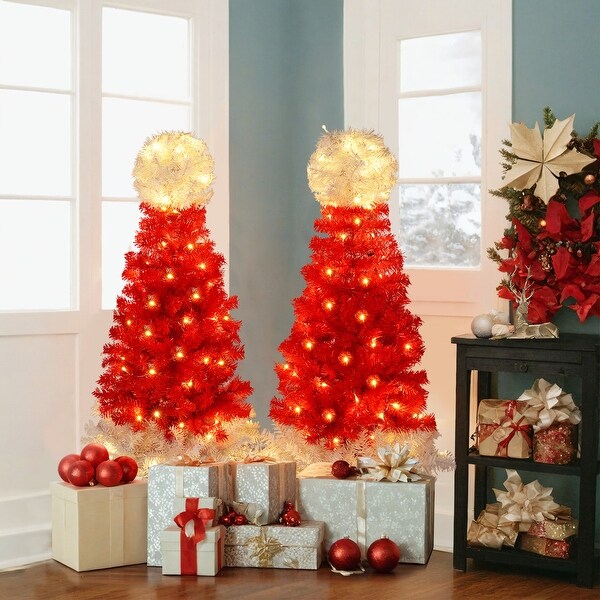 Set of 2 Lighted Santa Hat Style Christmas Tree，4ft Artificial Tree with Warm White Lights