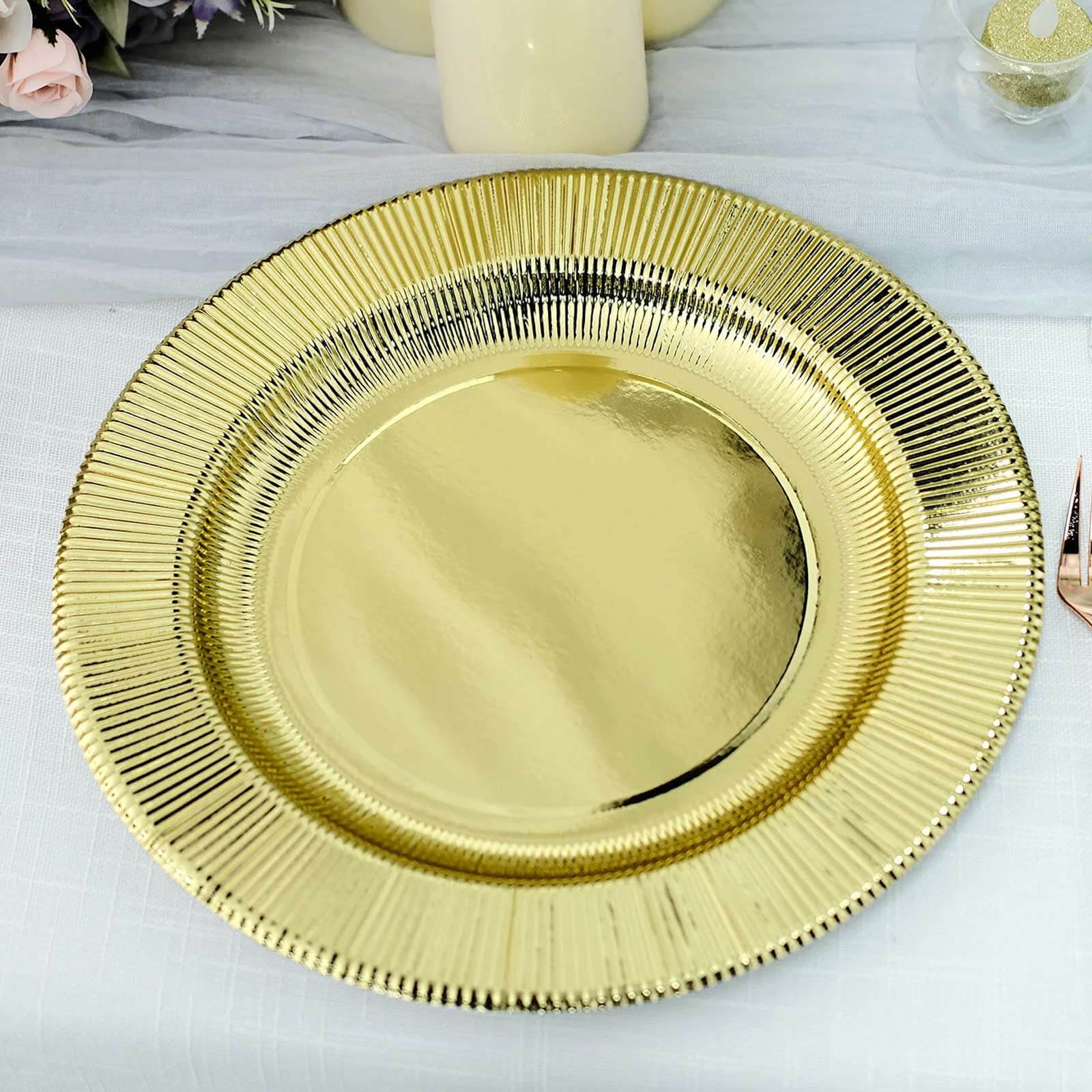 25 Pack Sunray Metallic Gold Disposable Charger Plates, Cardboard Serving Tray, Round 350 GSM 13