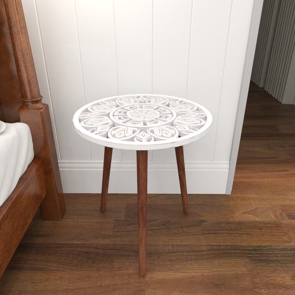 Wood Handmade Intricately Carved Floral Accent Table with 3 Slender Legs