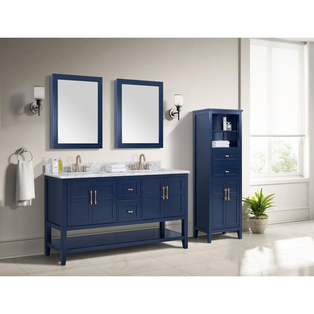 Home Decorators Collection Sturgess Open Shelf 61 in. W x 22. D x 35. H Double Sink Vanity in Navy Blue with White Marble Vanity Top 19111S-VS61C-NB