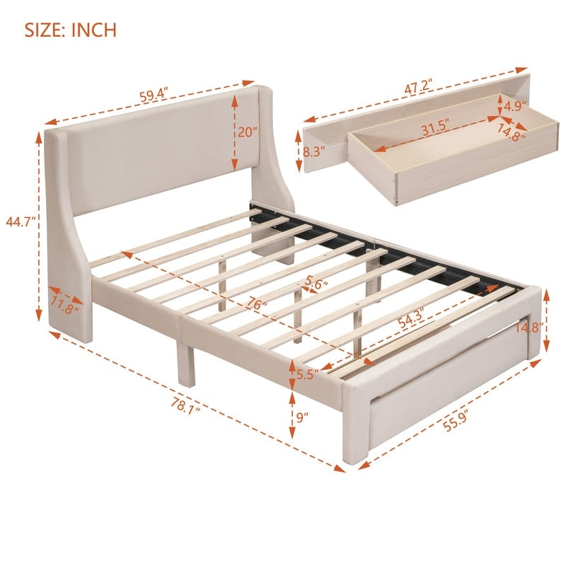 Full Size Bed Frame with A Storage Drawer  Velvet Upholstered Platform Bed with Wingback Headboard and Slat Support