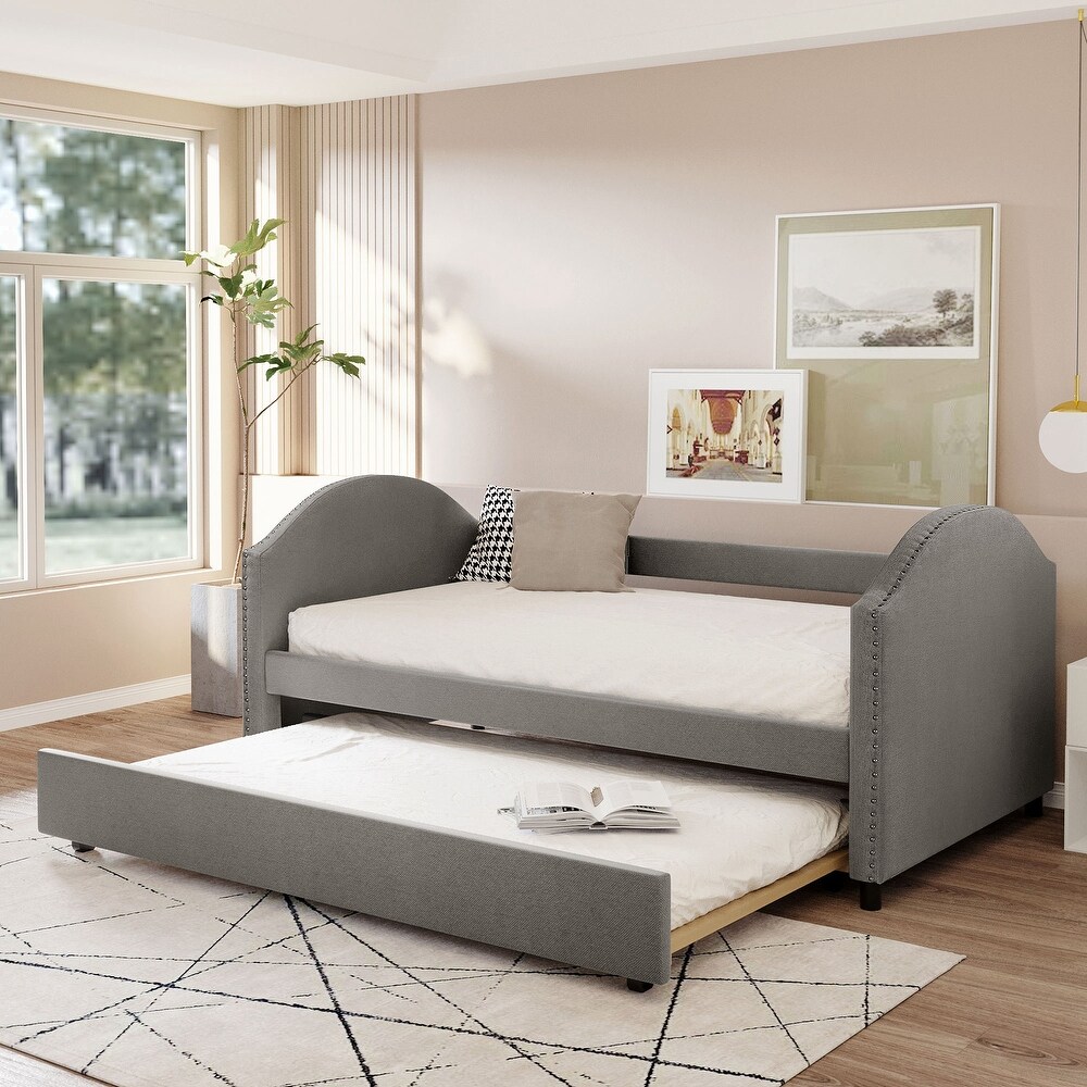 Full size Grey Upholstered Daybed with Twin Size Trundle