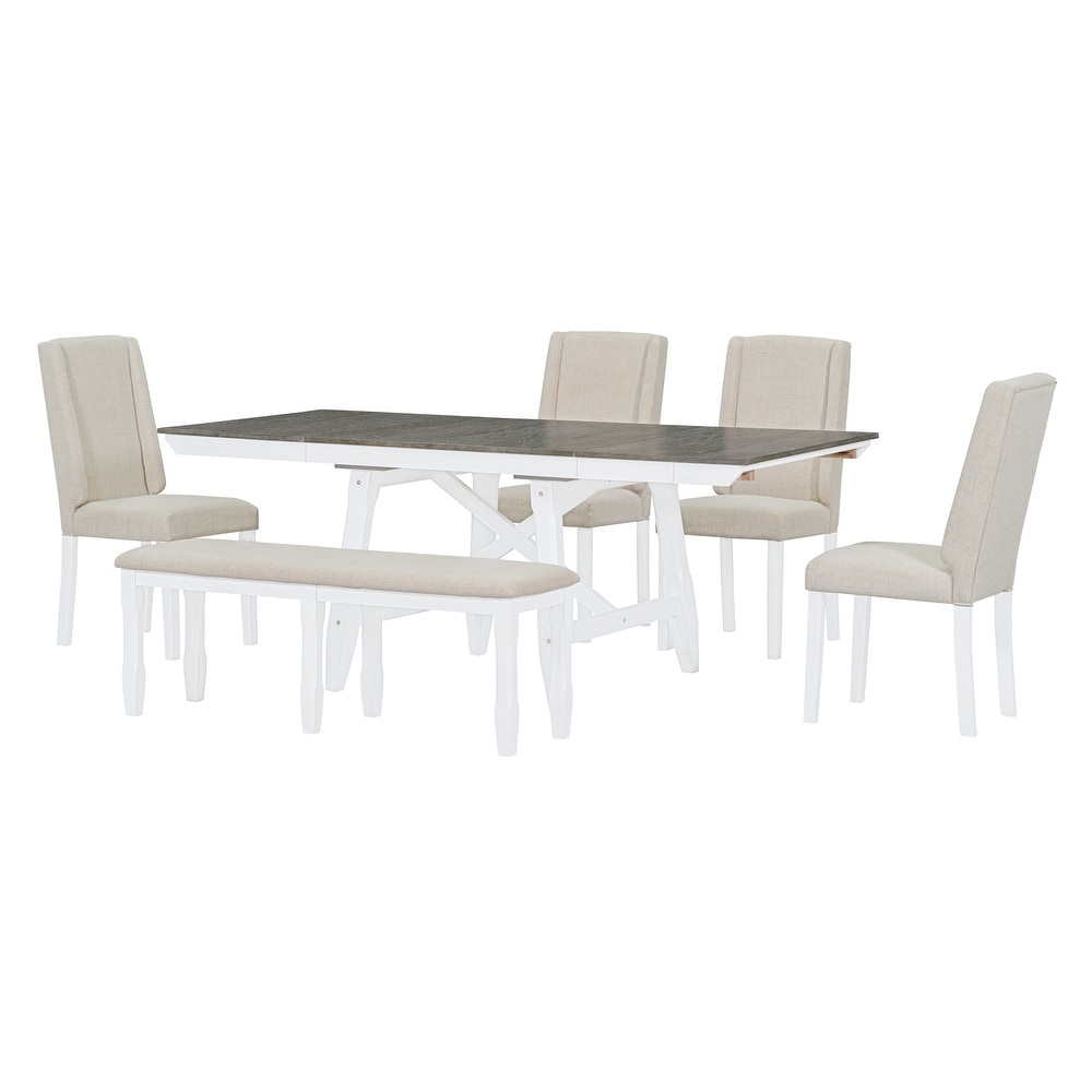 6 Piece Set  Extendable Dining Table with 4 Upholstered Chairs and 1 Bench