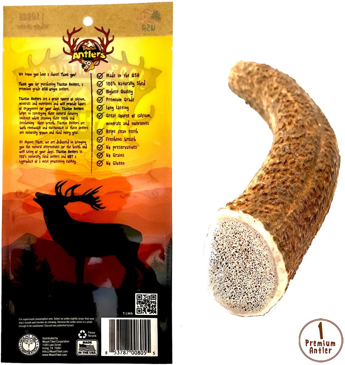 Tibetan Dog Chew Whole Antler Grain-Free Dog Treat， 1 count， X-Large