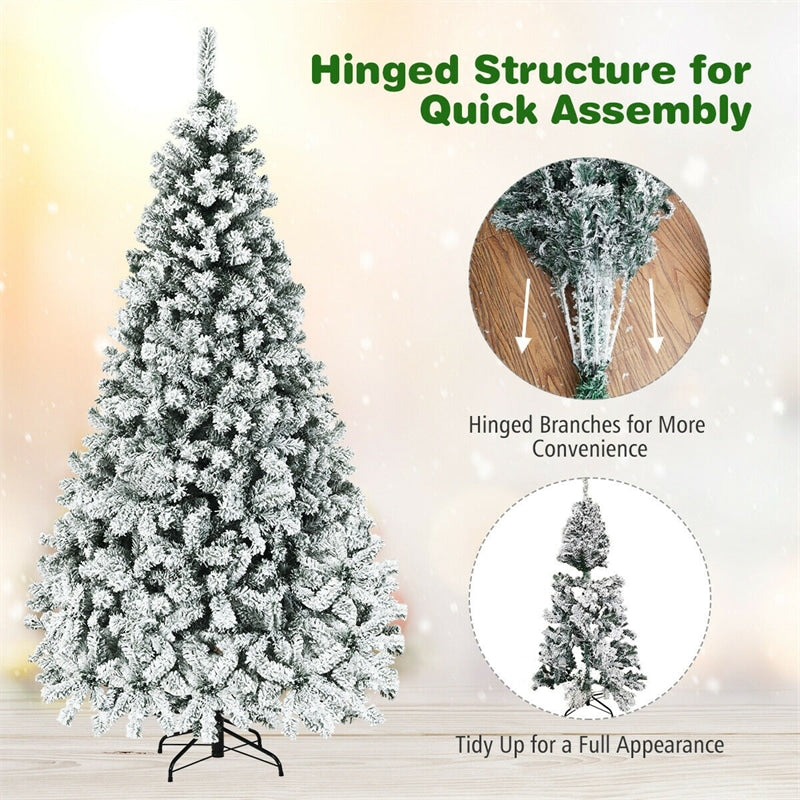 6/7.5/9FT Pre-Lit Hinged Artificial Christmas Tree, Premium PVC Snow Flocked Pine Tree with Metal Stand