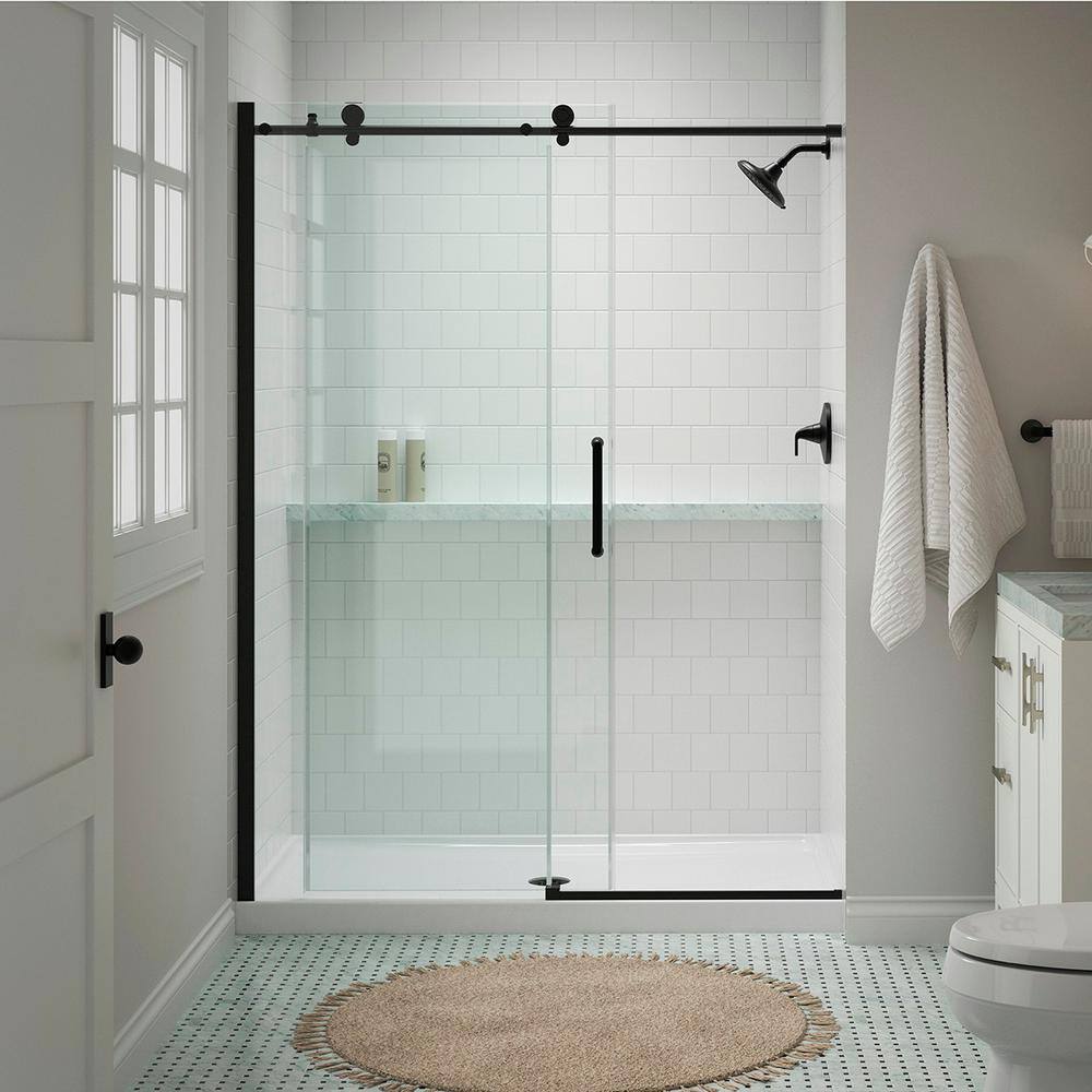 KOHLER Cursiva 59.875 in. W x 78 in. H Sliding Frameless Shower Door in Matte Black K-707624-8L-BL