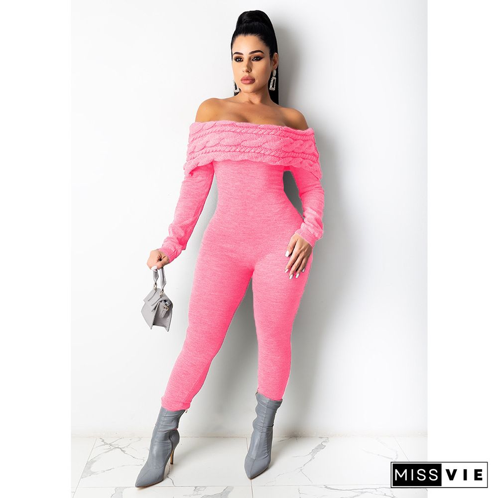 Off Shoulder Long Sleeve Knit Sweater Jumpsuit