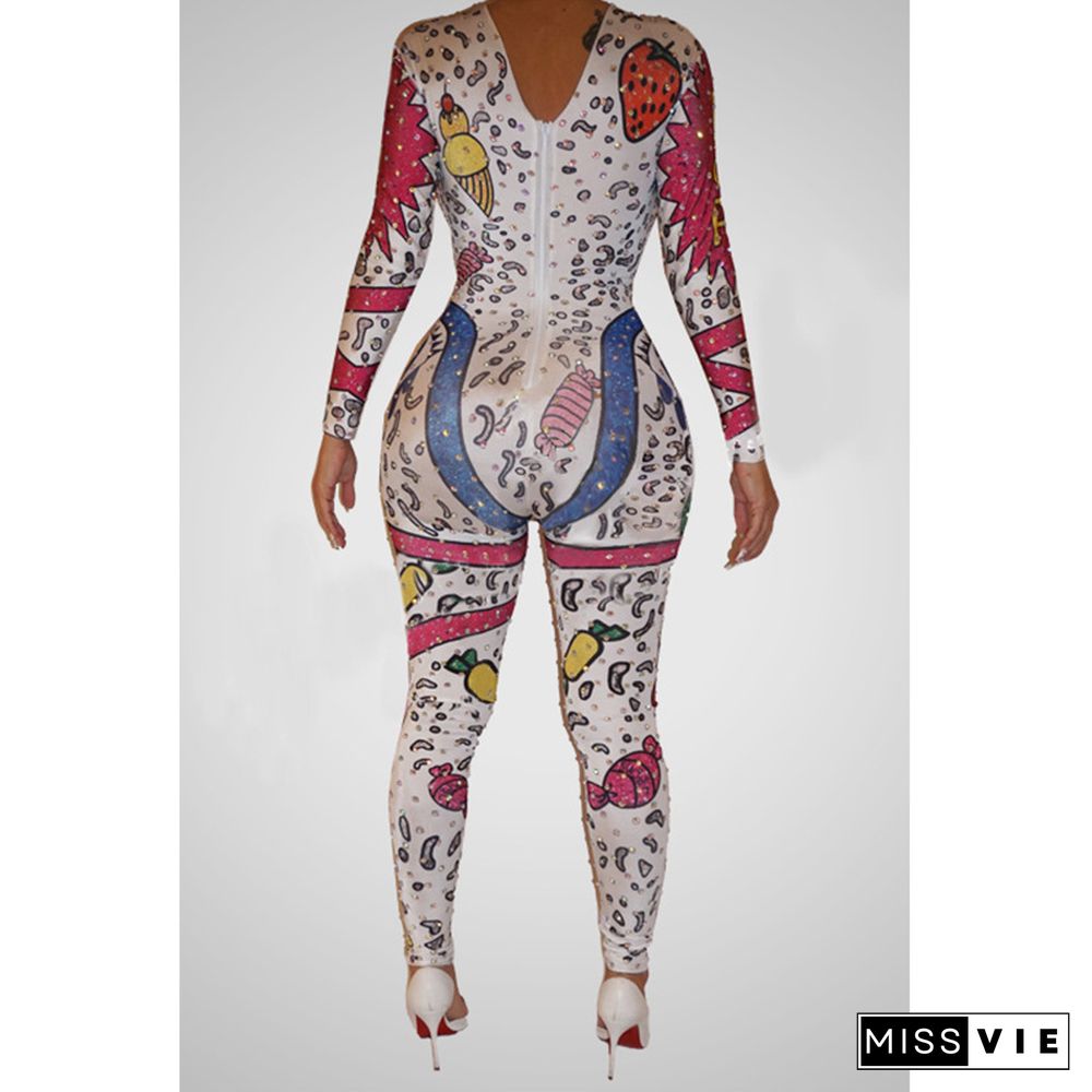 Smiley Graffiti Print Long Sleeve Casual Jumpsuit