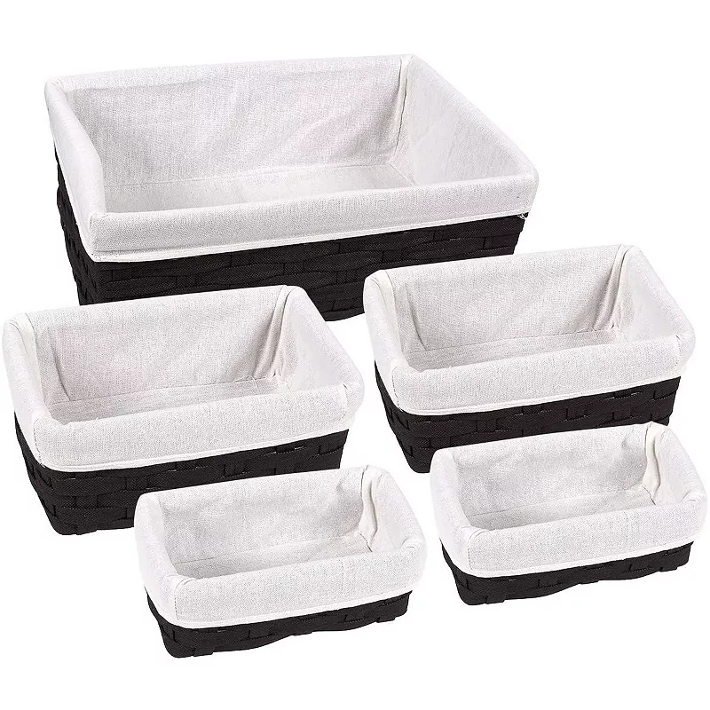 Wicker Nesting Baskets with Liners， Black Storage Organizers for Shelves (5 Piece Set)