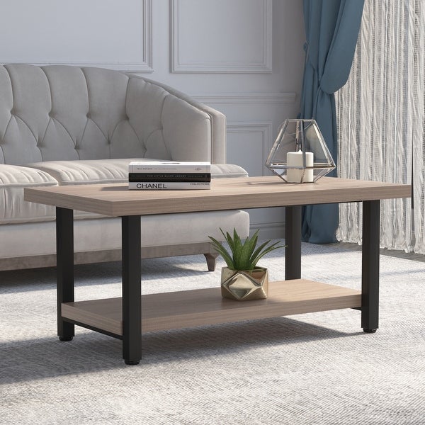 2-Tier Modern Rectangle Coffee Table， Wood Rectangle Sofa Table with Metal Straight Legs for Living Room