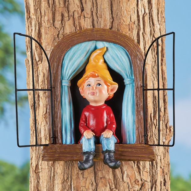 Collections Etc Charming Hand painted Gnome In Window Tree Hanger