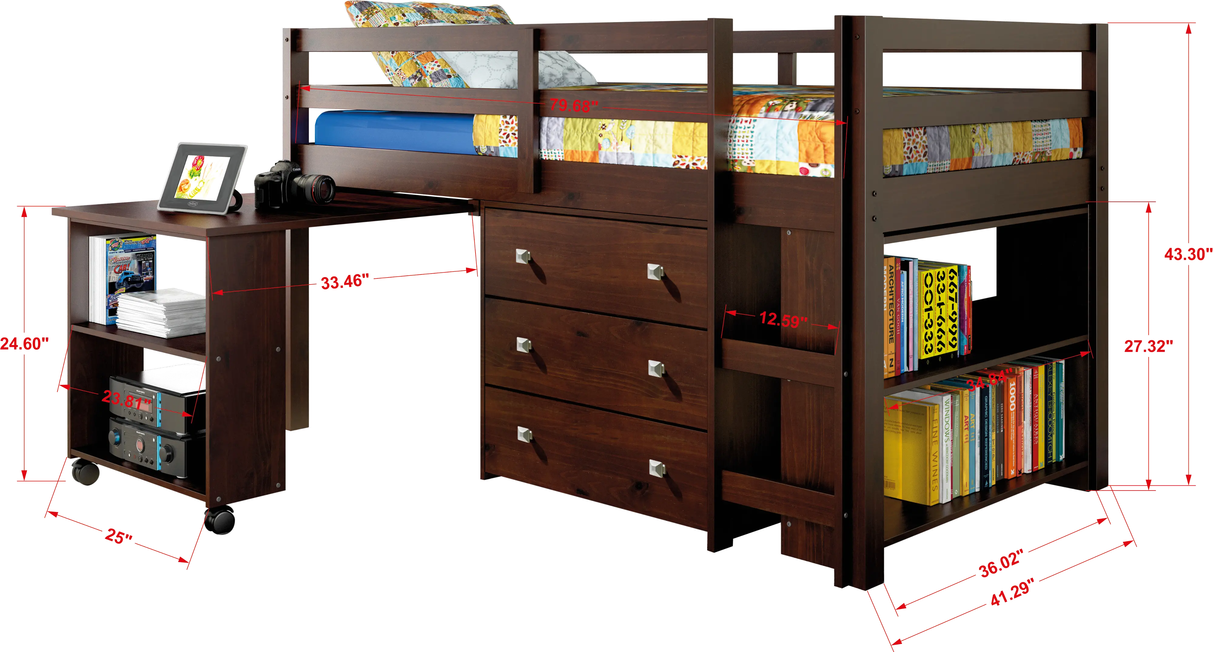 Kaycee Dark Cappuccino Twin Loft Bed with Student Desk