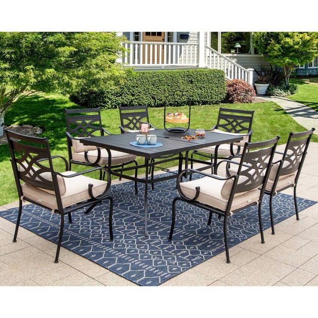 7pc Outdoor Dining Set With Chairs With Cushions amp Large Metal Table With Umbrella Hole Captiva Designs