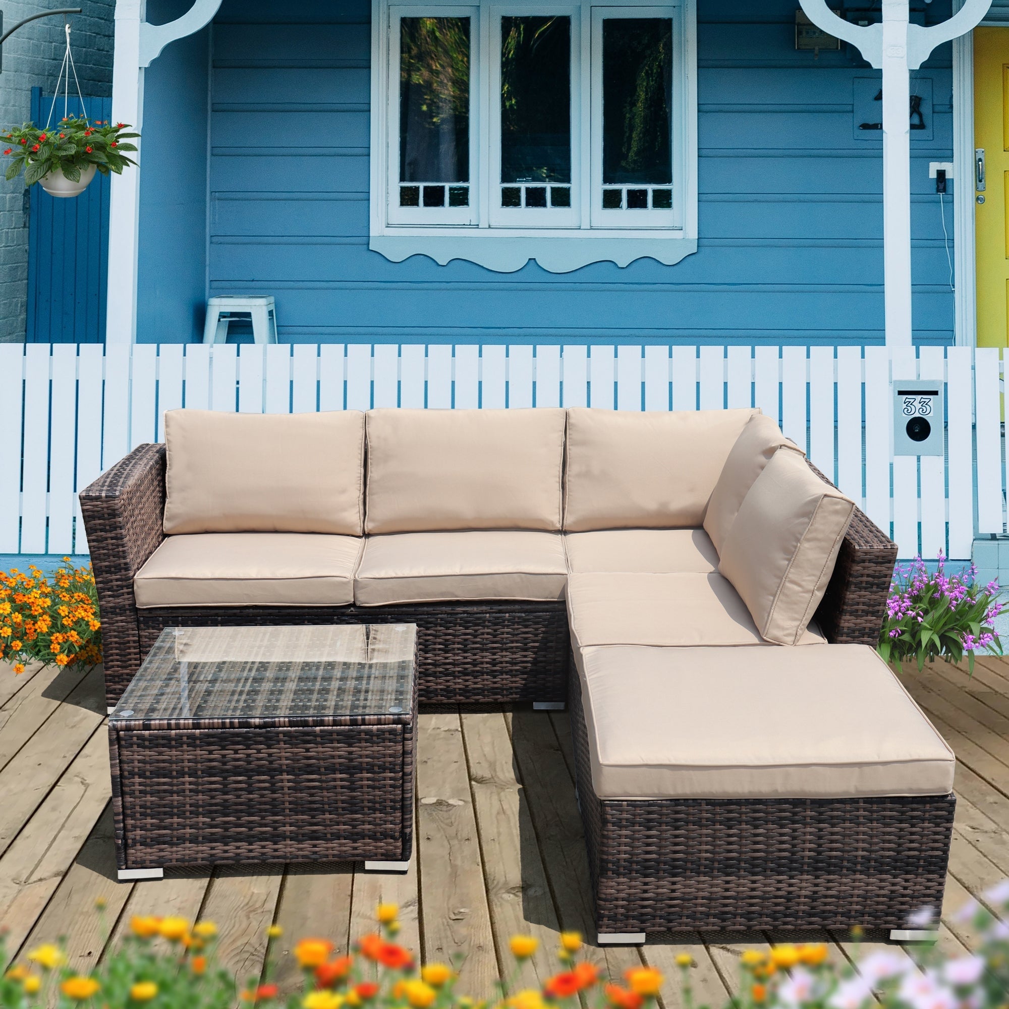 4-Pieces Outdoor Wicker Reversible Patio Sectional Sofa with Cushions - Overstock - 36050370